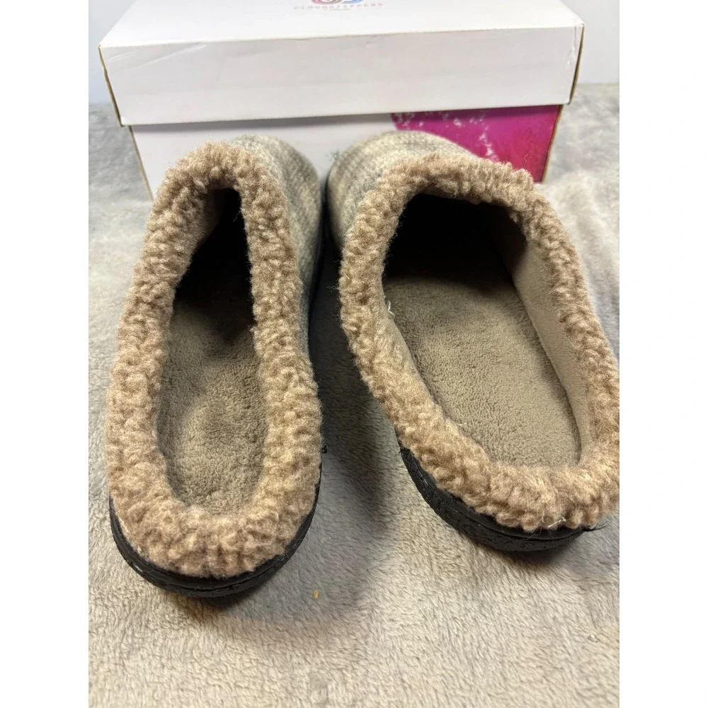Isotoner Mens Plaid Clog Slippers Tan Brown Faux Fur Lined Size‎ 9.5-10.5